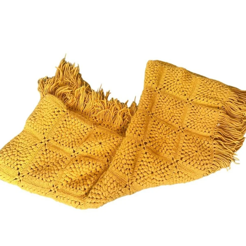 Handmade Yellow Crochet Afghan Blanket Vintage 70s Boho Cottagecore Throw Large